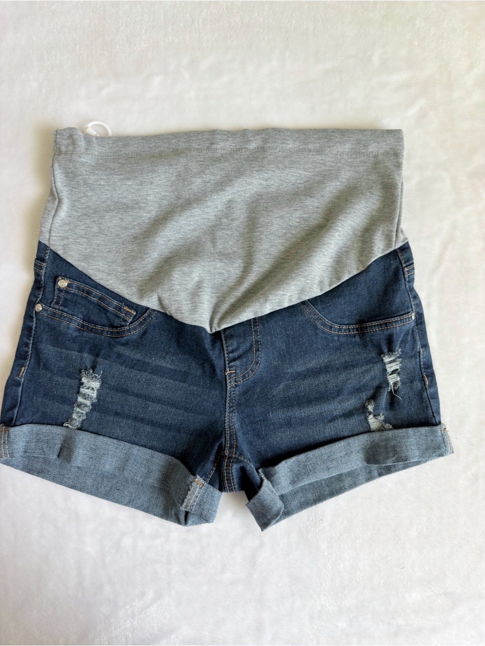 SHEIN Dark Blue Denim Maternity Shorts with Gray Waistband
